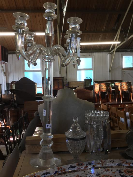 Glass four branch five light candlebrum, a silver mounted lidded honey jar and a lustre hung vase